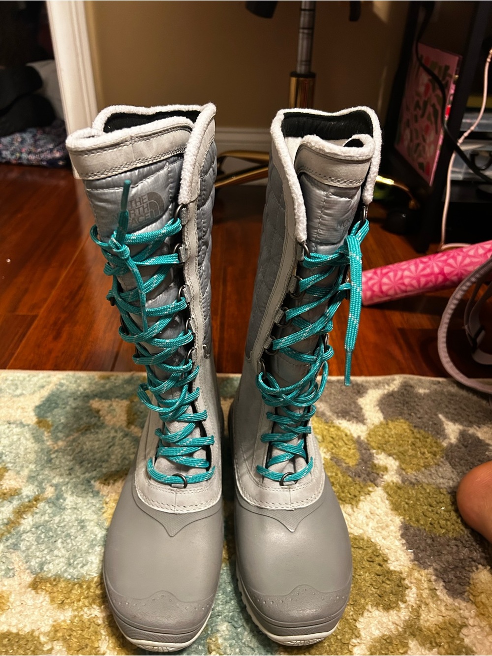 The North Face Women's Gray Winter Boots with Teal Laces
